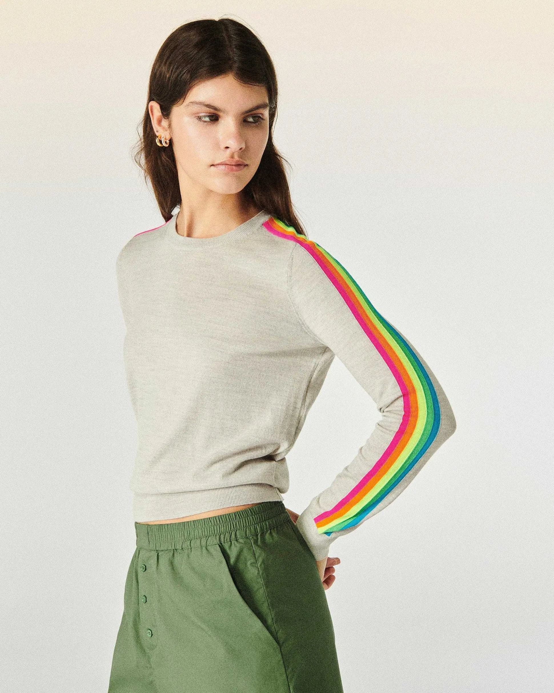 Pull Col Rond Bande Multicolore Aux Manches