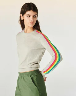 Pull Col Rond Bande Multicolore Aux Manches