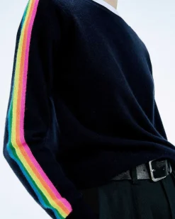 Pull Col Rond Bande Multicolore Aux Manches