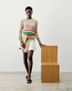 Pull Col Rond Bas A Bandes Multicolores