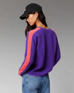 Pull Col Rond Maille Perlee Bandes Multicolore