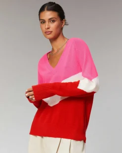 Pull Col V Bandes Tricolore Leger