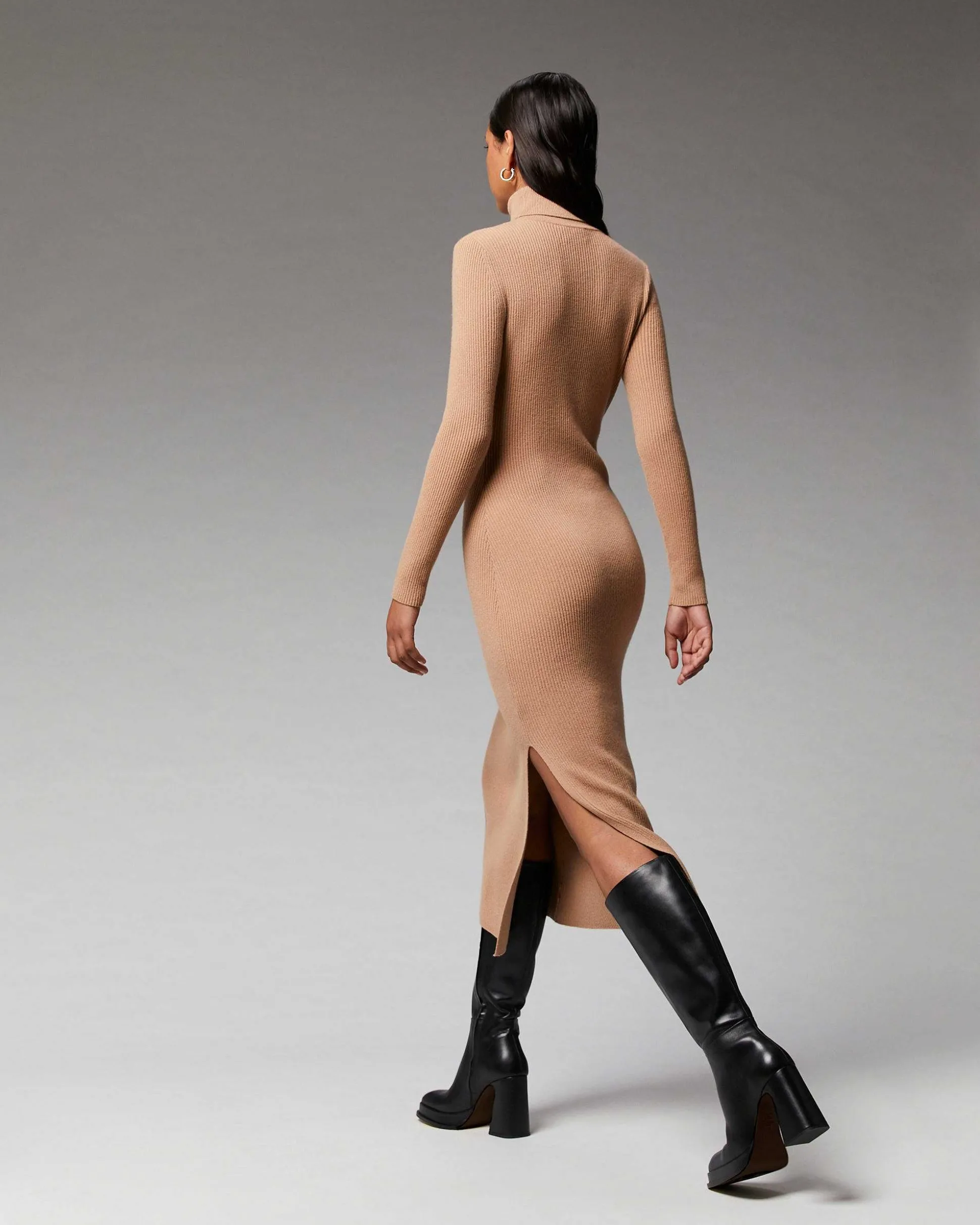 Robe Longue Manche Longue Col Roule A Cotes