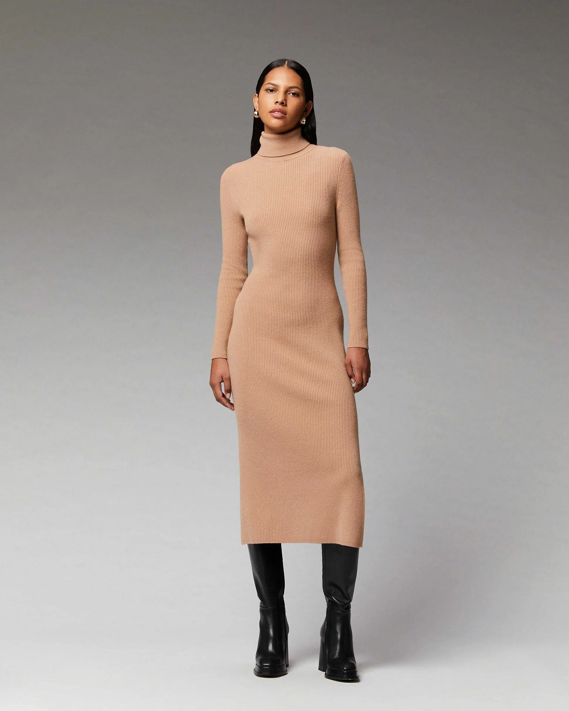 Robe Longue Manche Longue Col Roule A Cotes